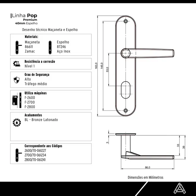 Fechadura Perfil 2700/41 Interna Inox Polido Premium Aliança