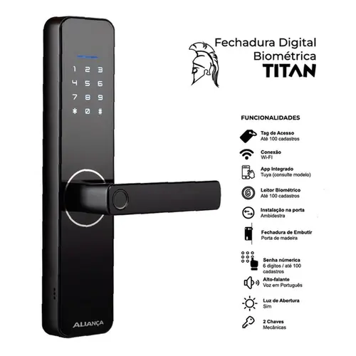 Fechadura Digital Titan Embutir Wi-Fi Preta Aliança